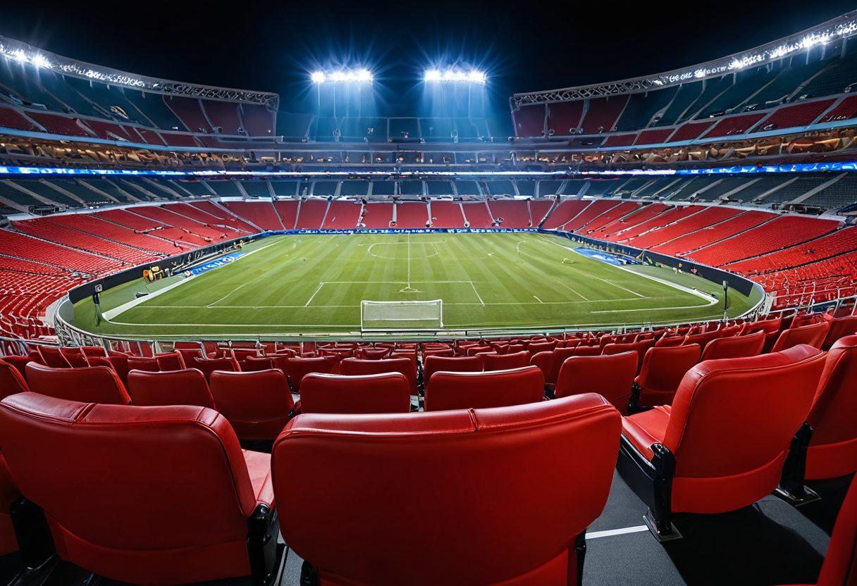 A close-up view of a luxurious stadium seat adorned with soft fabric and intricate detailing, set against a vibrant sports arena filled with excited fans. Highlight sparkling stadium lights casting a warm glow, and the thrill of competition with players in action in the background. Emphasize elegance and comfort while illustrating the beauty of the premium seating experience. super-realistic. vibrant colors. 3D.