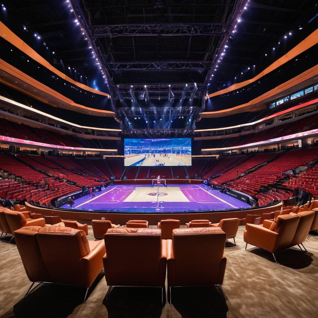 A luxurious sports arena showcasing premium seating areas with plush chairs, elegant decor, and an unobstructed view of the action. Spectators are visibly enjoying a thrilling game, with expressions of excitement and comfort. Soft lighting highlights the premium amenities surrounding them. Capture the essence of exclusivity and comfort in the viewing experience. super-realistic. vibrant colors. dynamic composition.