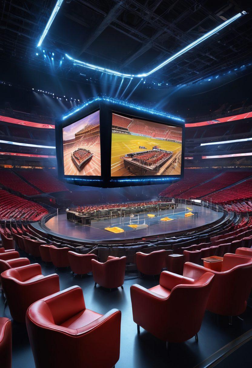 A luxurious sports venue showcasing VIP seating with plush chairs and personal service, surrounded by excited fans. The scene captures a thrilling moment in a game, with vibrant lights and the energy of the crowd. Emphasize the comfort of the seating contrasted with the excitement of the event. Include indulgent refreshments on small tables next to the seats. super-realistic. vibrant colors. high-energy atmosphere.